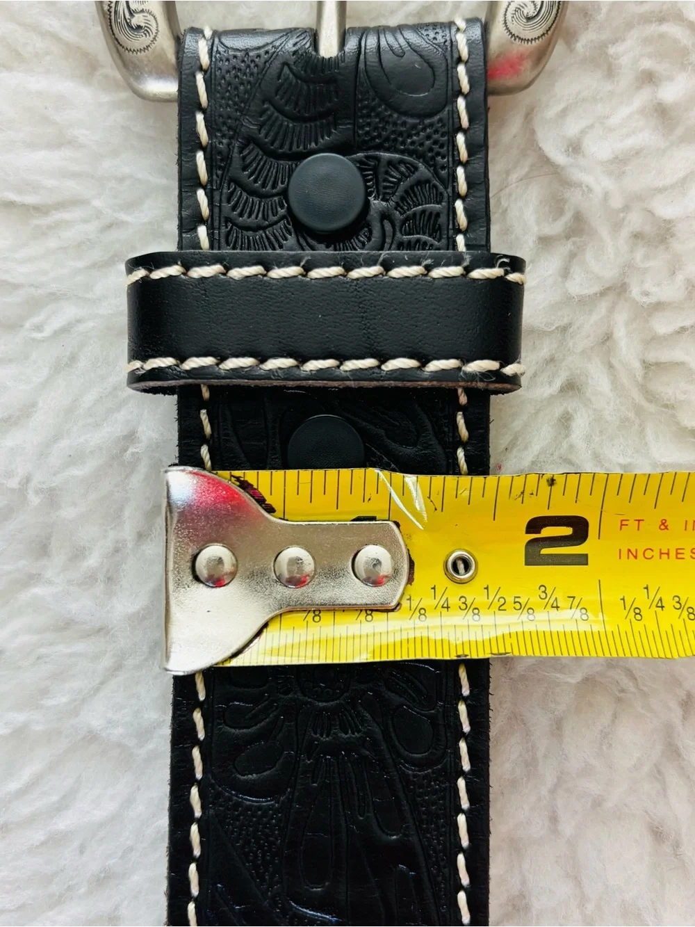 Classic Black Embossed Leather Western Belt with Engraved Silver Buckle Sz 38